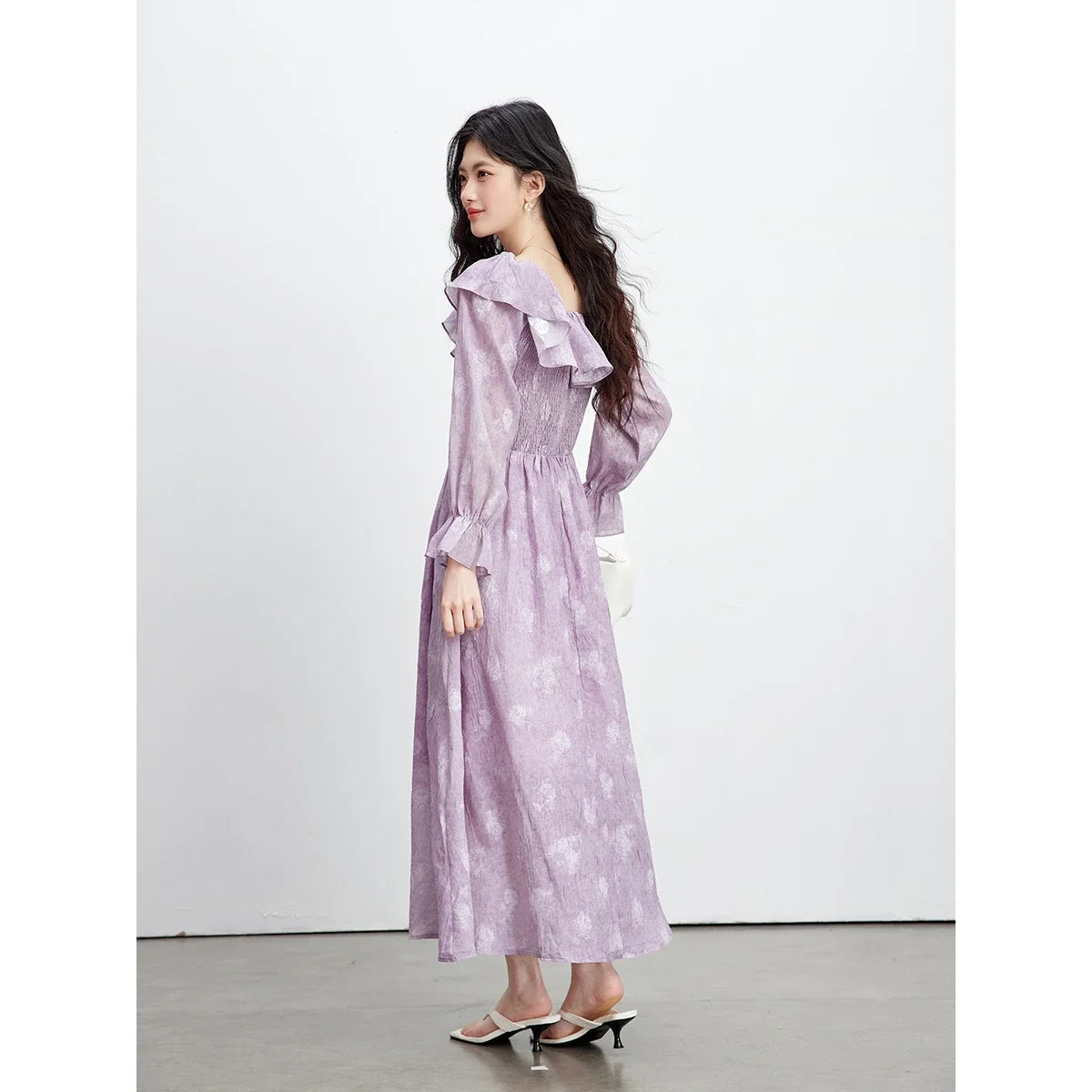 Floral Ruffle-Collar Midi Dress