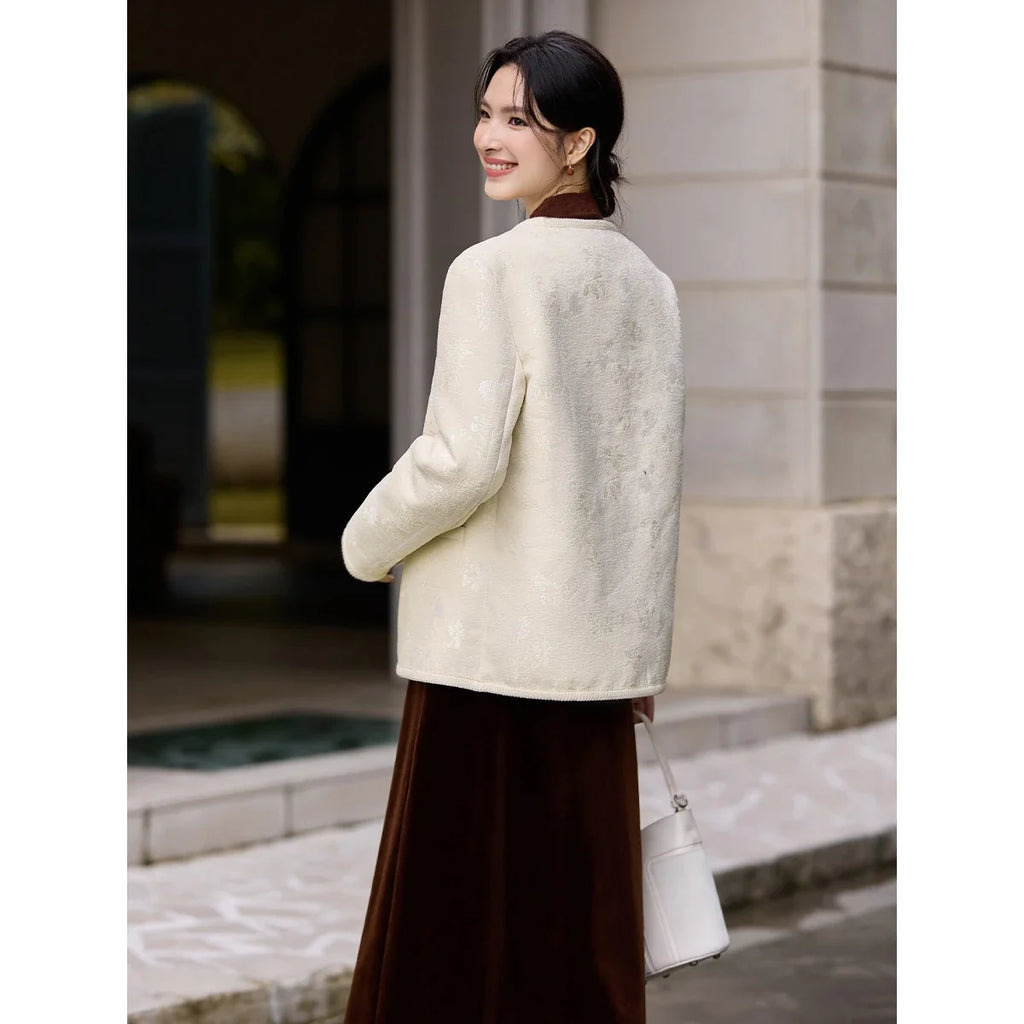 Jacquard Frog-Button Collarless Jacket
