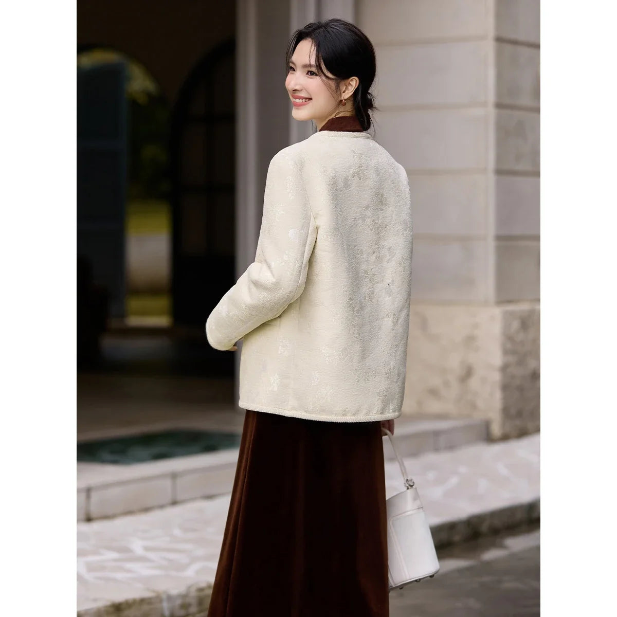 Jacquard Frog-Button Collarless Jacket