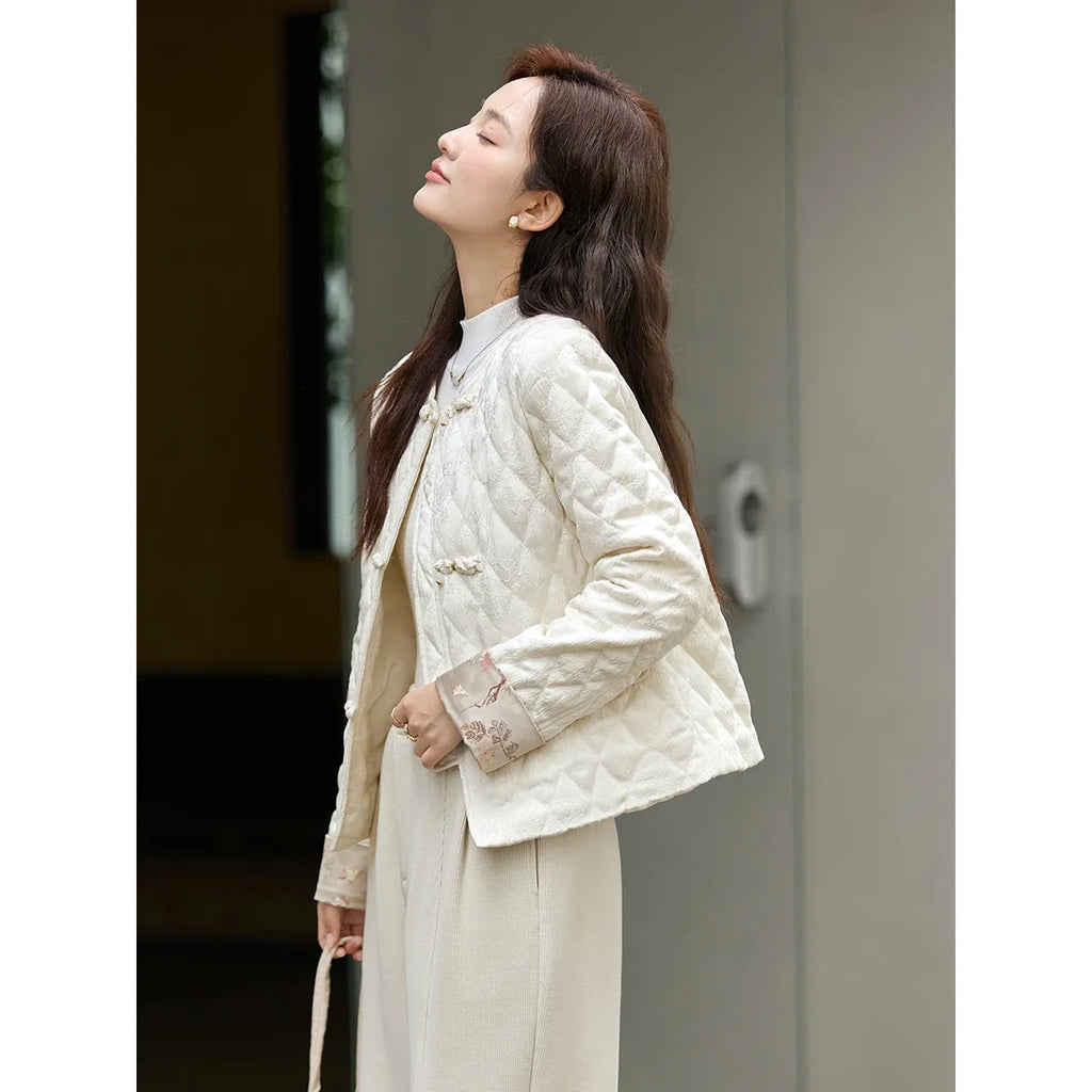 Frog-Button Quilted Collarless Jacket