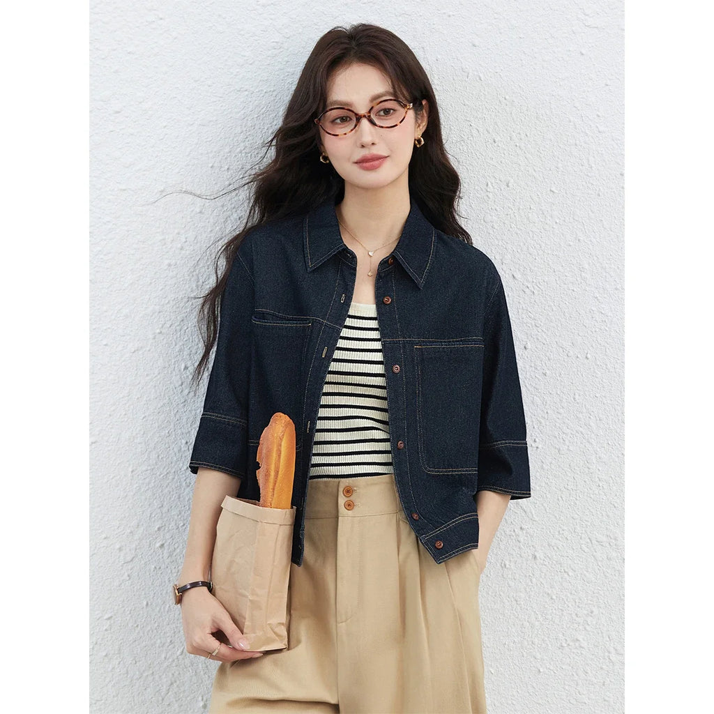 Contrast-Stitch Short-Sleeve Denim Jacket