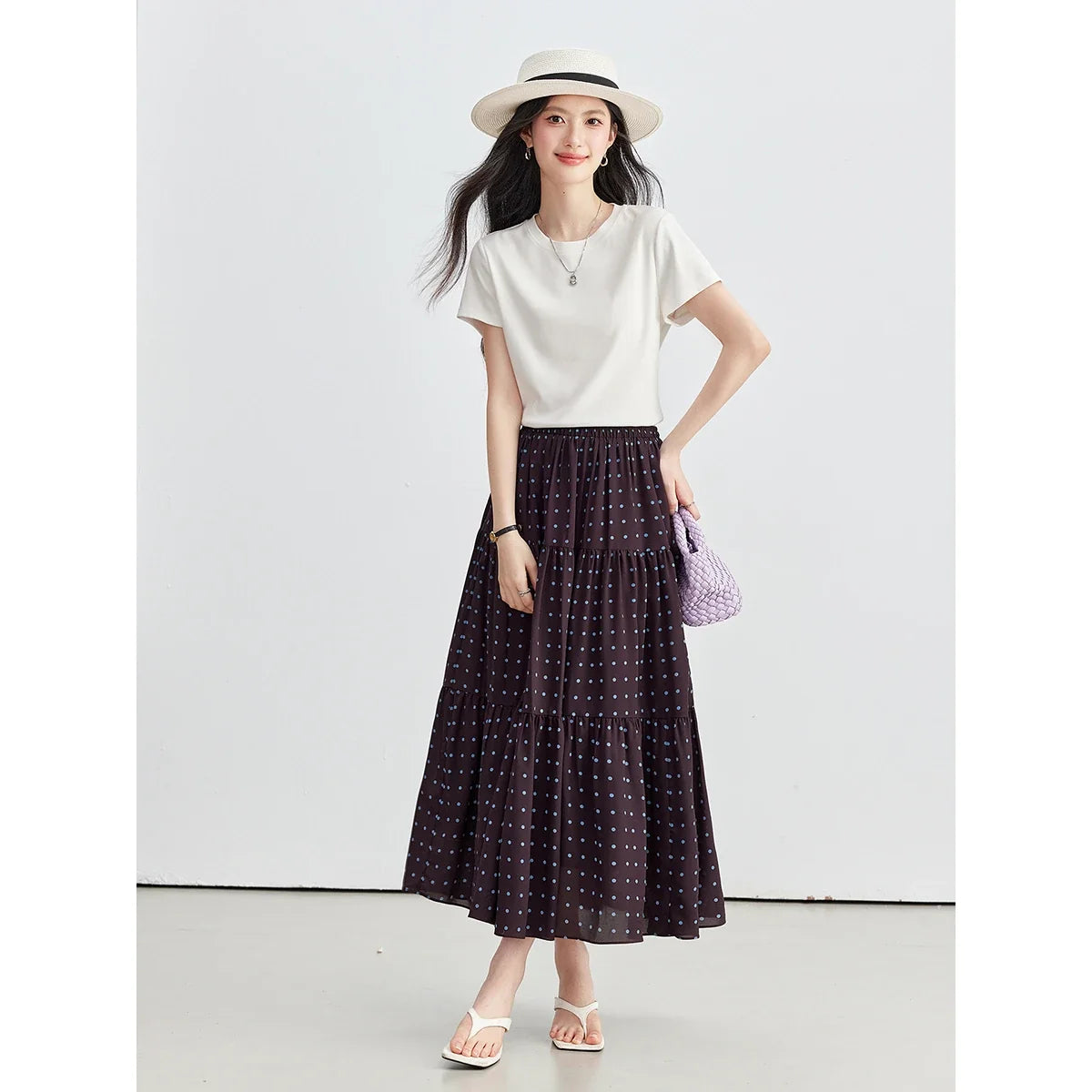 Women's Polka-Dot Tiered Midi Skirt Burgundy Dots