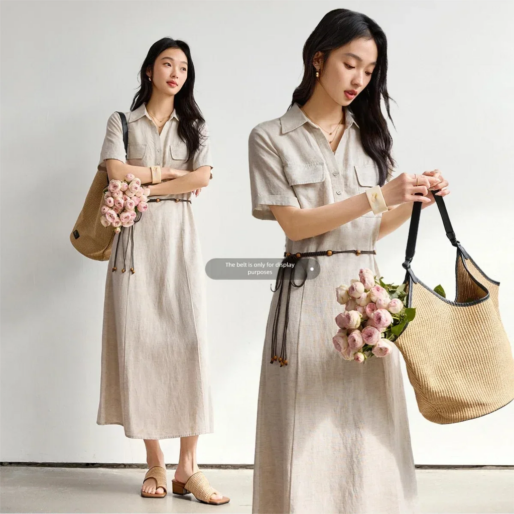 Belted Short-Sleeve Shirt Midi Dress