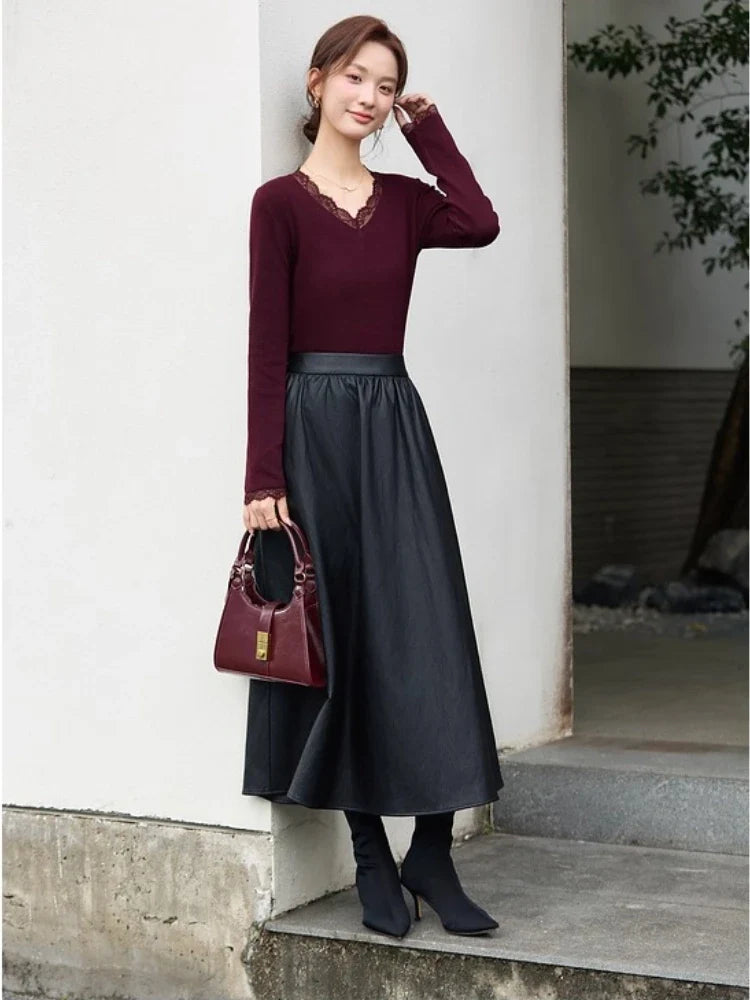 Lace-Trim V-Neck Knit Top