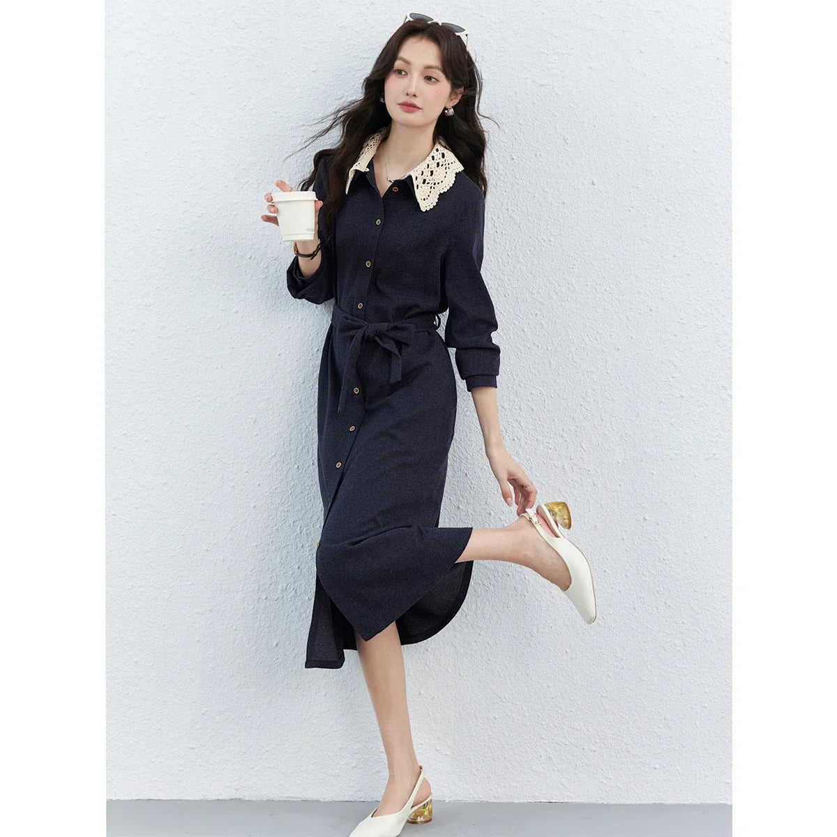 Lace-Collar Belted Midi Dress