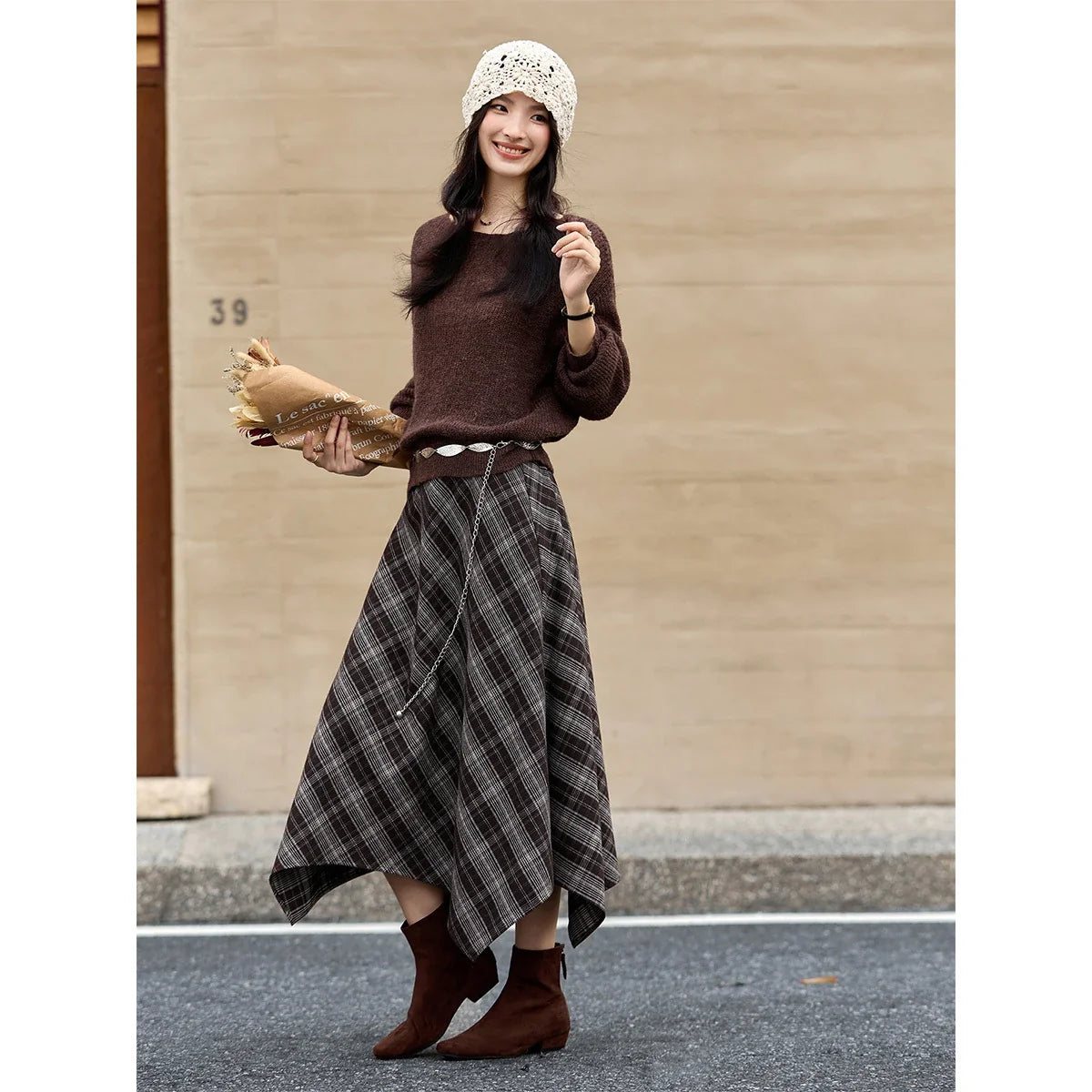 Asymmetric Plaid Midi Skirt