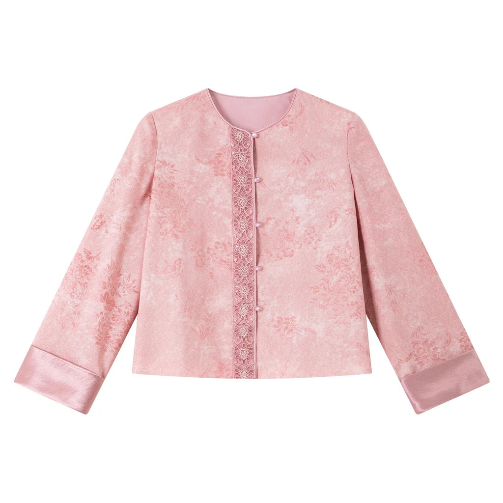 Jacquard-Trim Collarless Jacket