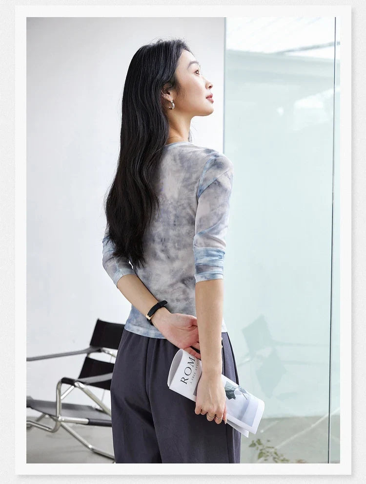 Abstract Mesh Ruched Long-Sleeve Top