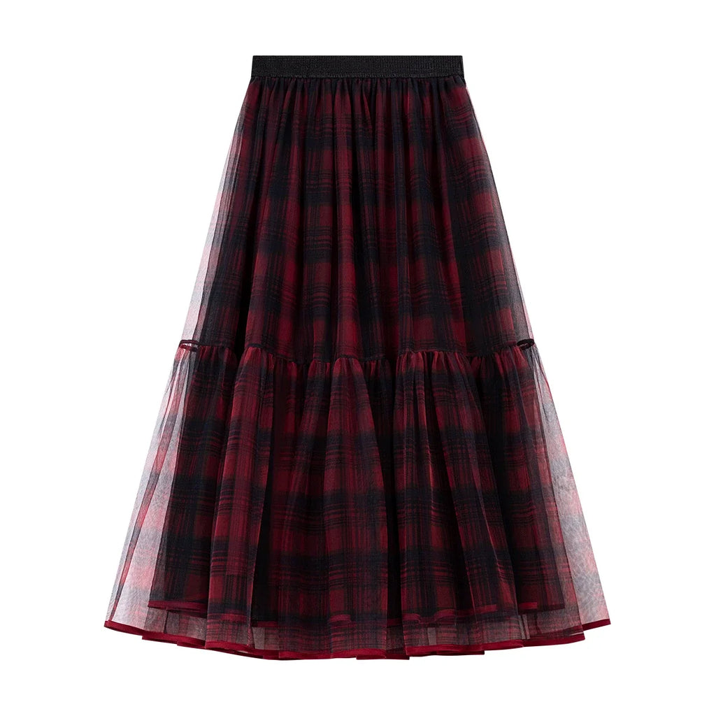 Red Plaid Mesh Tiered Midi Skirt