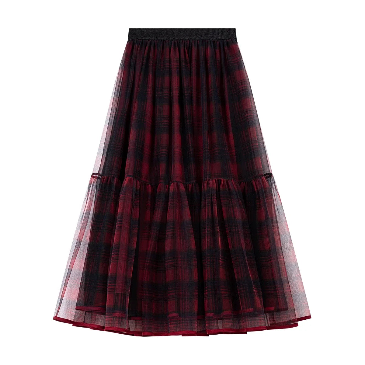 Red Plaid Mesh Tiered Midi Skirt