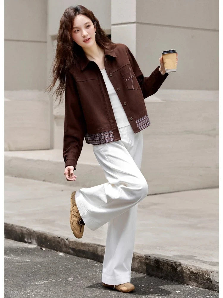 Plaid-Trim Cropped Shirt Jacket