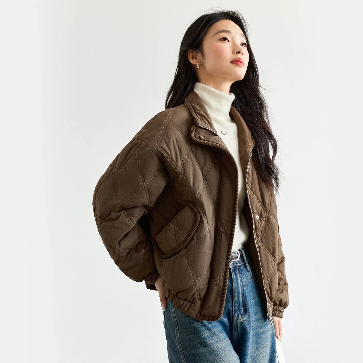 Stand-Collar Quilted Bomber Jacket