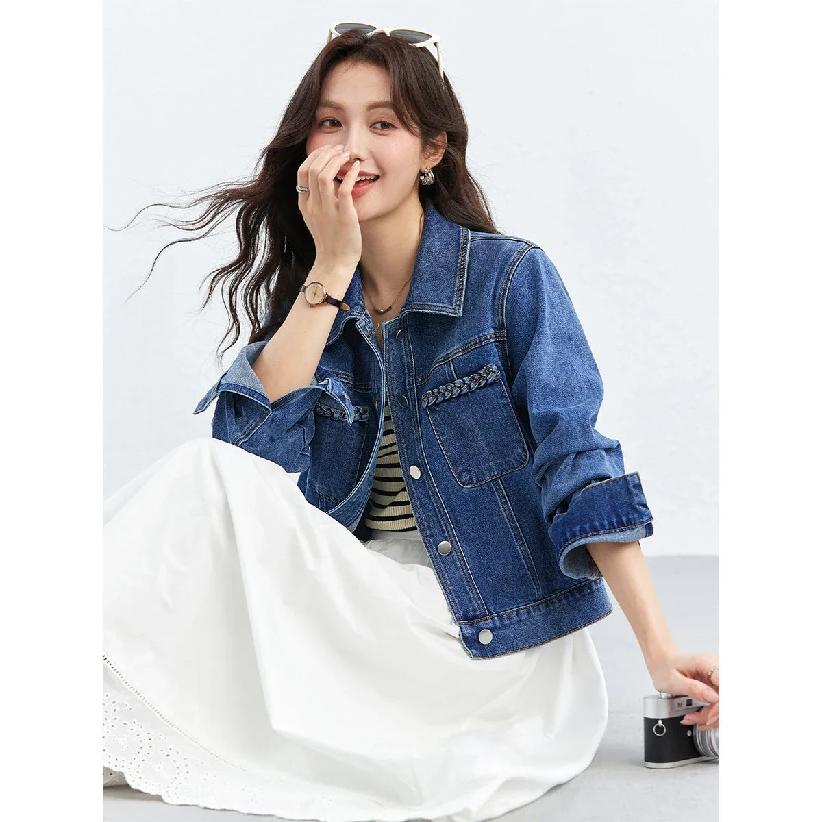 Double-Pocket Cropped Denim Jacket