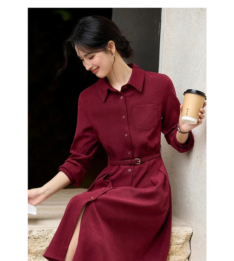 Belted Collared Midi Shirt Dress