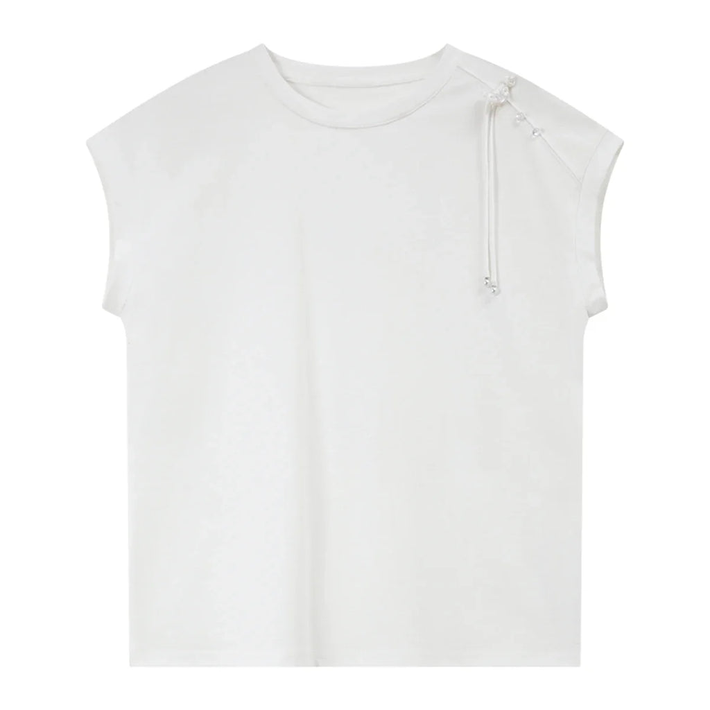 Asymmetric Frog-Button Cap-Sleeve Tee