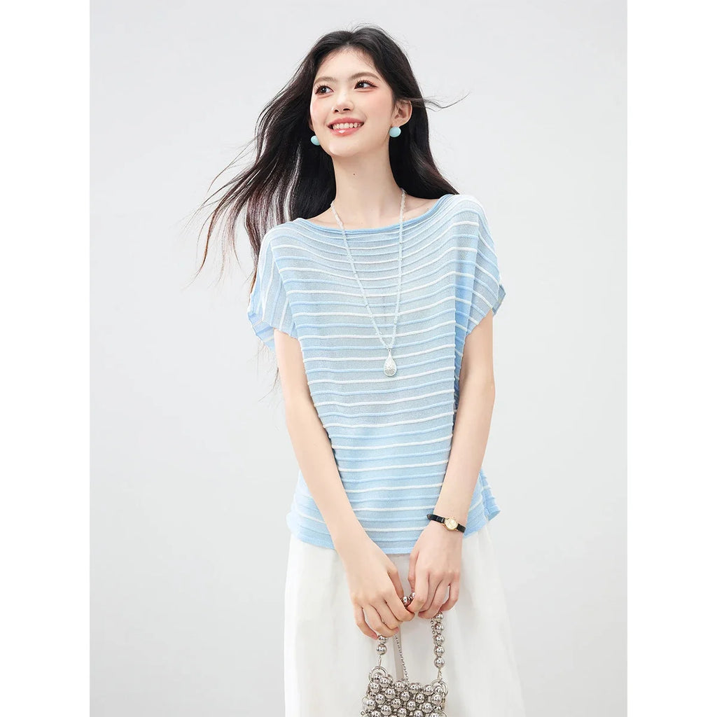 Striped Ruched Dolman-Sleeve Tee