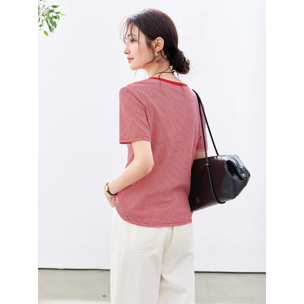 Micro-Stripe Contrast-Collar Tee