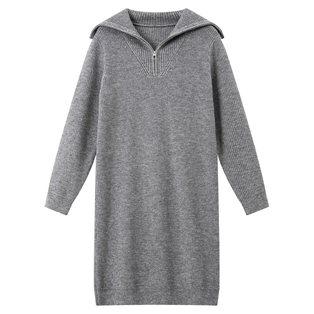 Half-Zip Collared Knit Midi Dress