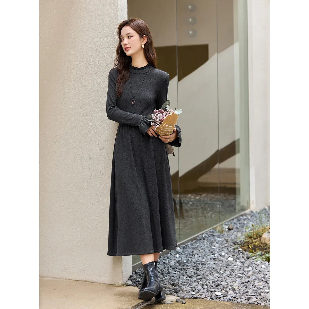 Fluted-Cuff Knit Midi Dress