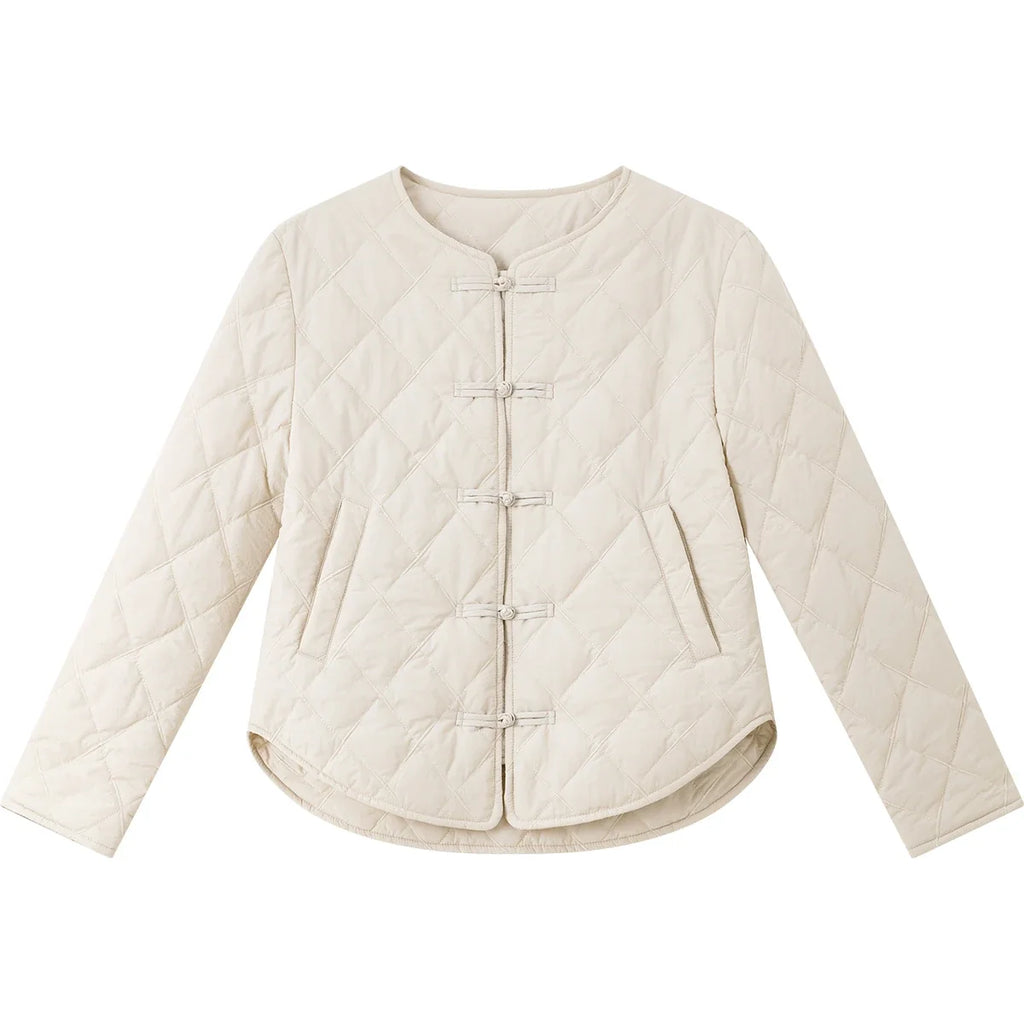 Frog-Button Quilted Curved-Hem Jacket