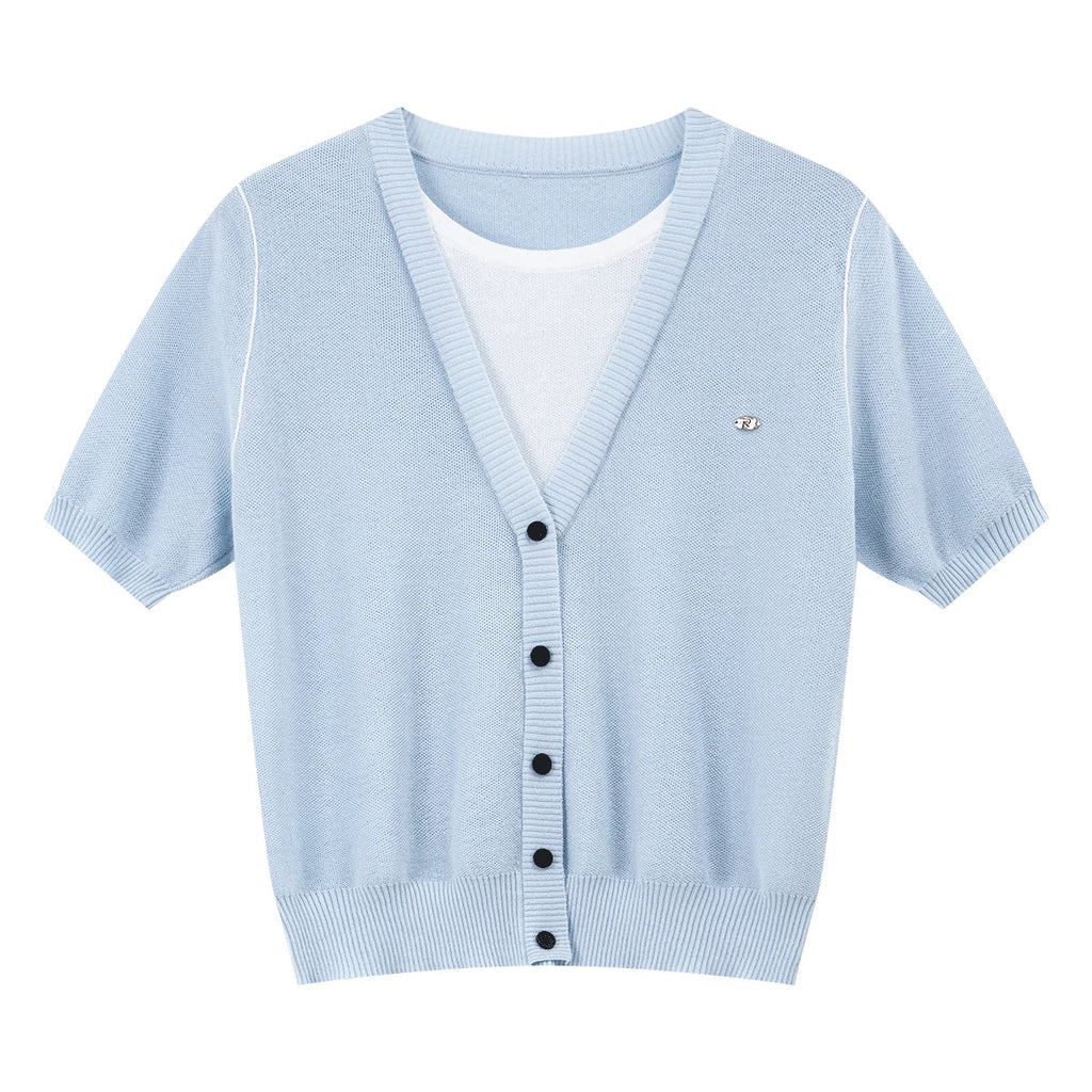 Layered V-Neck Button-Front Knit Top