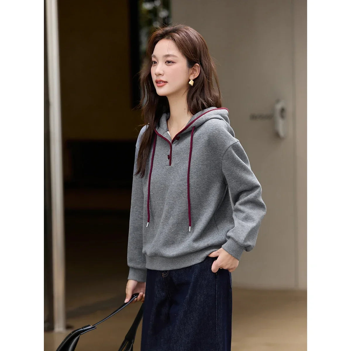 Contrast-Trim Drawstring Hoodie