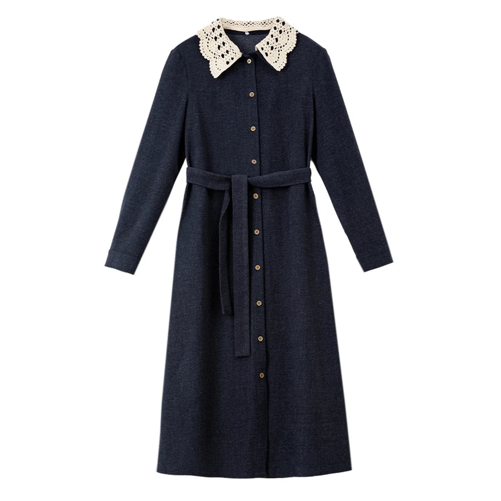 Lace-Collar Belted Midi Dress