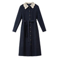 Lace-Collar Belted Midi Dress