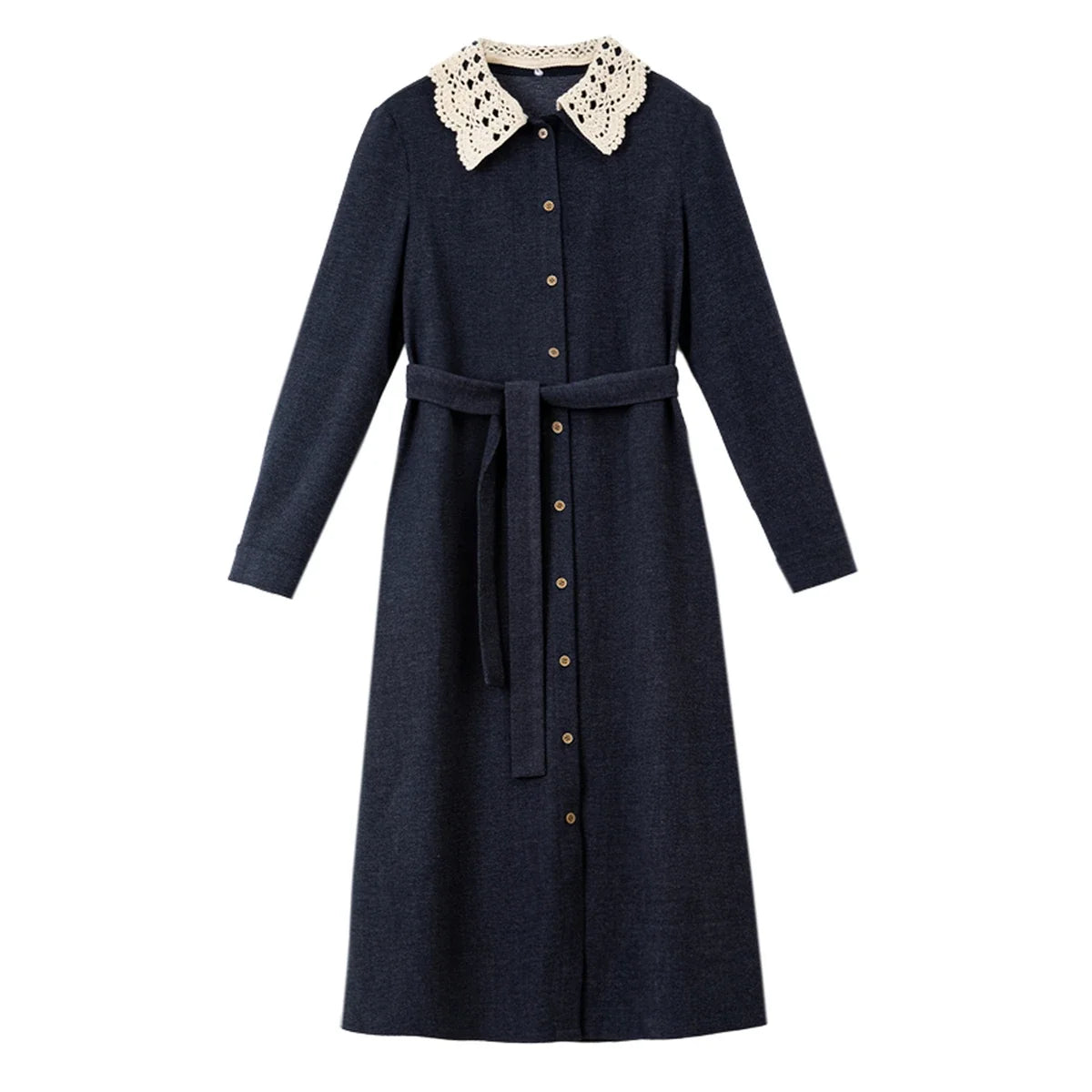 Lace-Collar Belted Midi Dress
