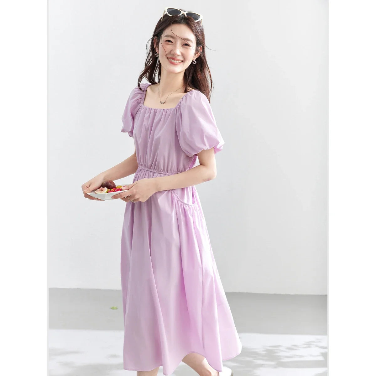 Square-Neck Puff-Sleeve Midi Dress