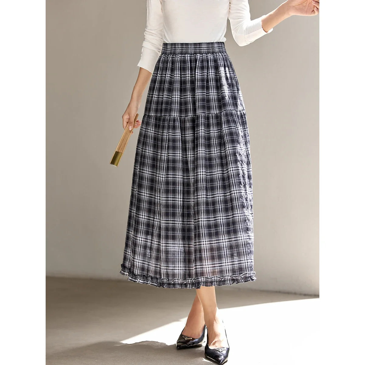 Plaid Ruffle-Hem Midi Skirt