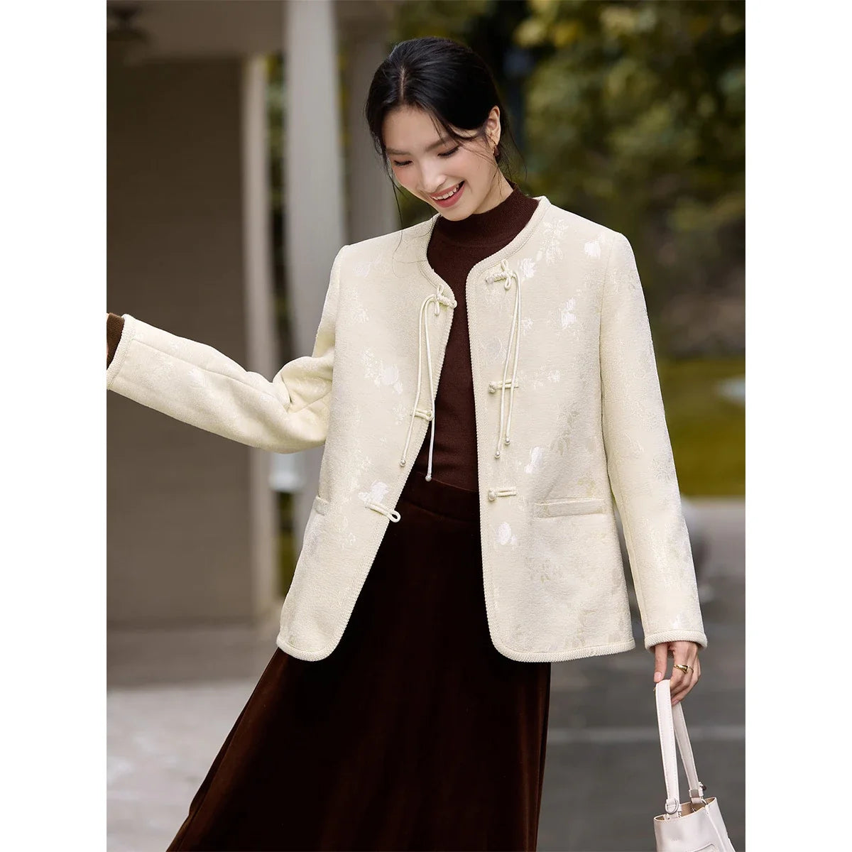 Jacquard Frog-Button Collarless Jacket