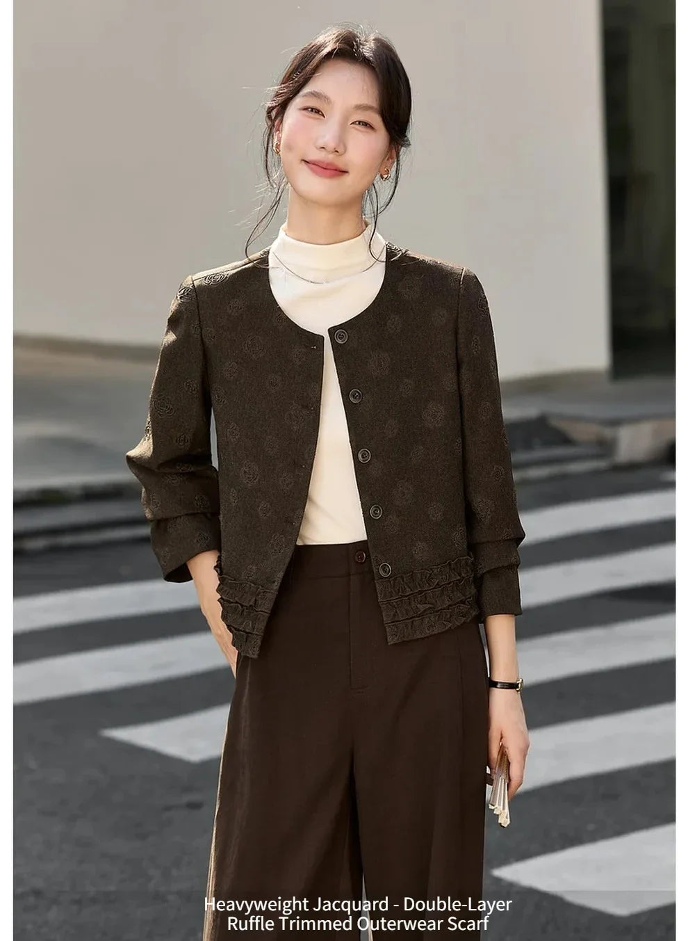 Jacquard Ruffle-Hem Cropped Jacket