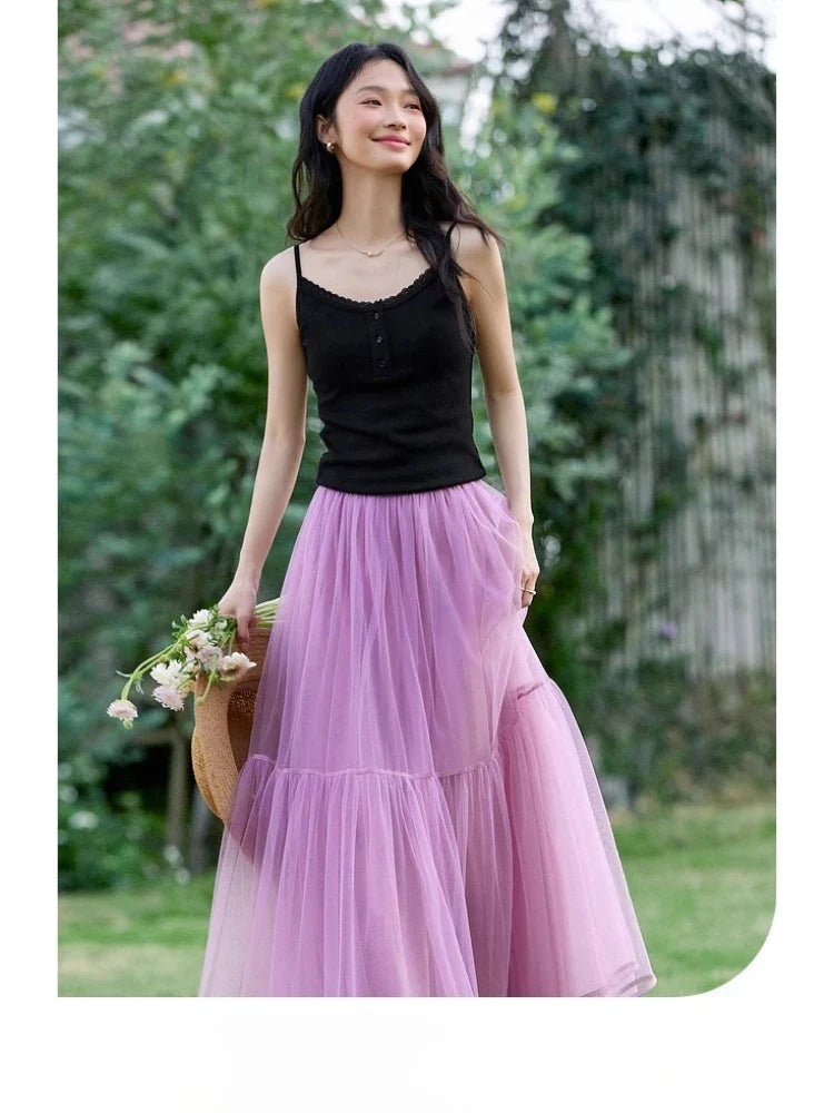 Tiered Mesh Midi Skirt