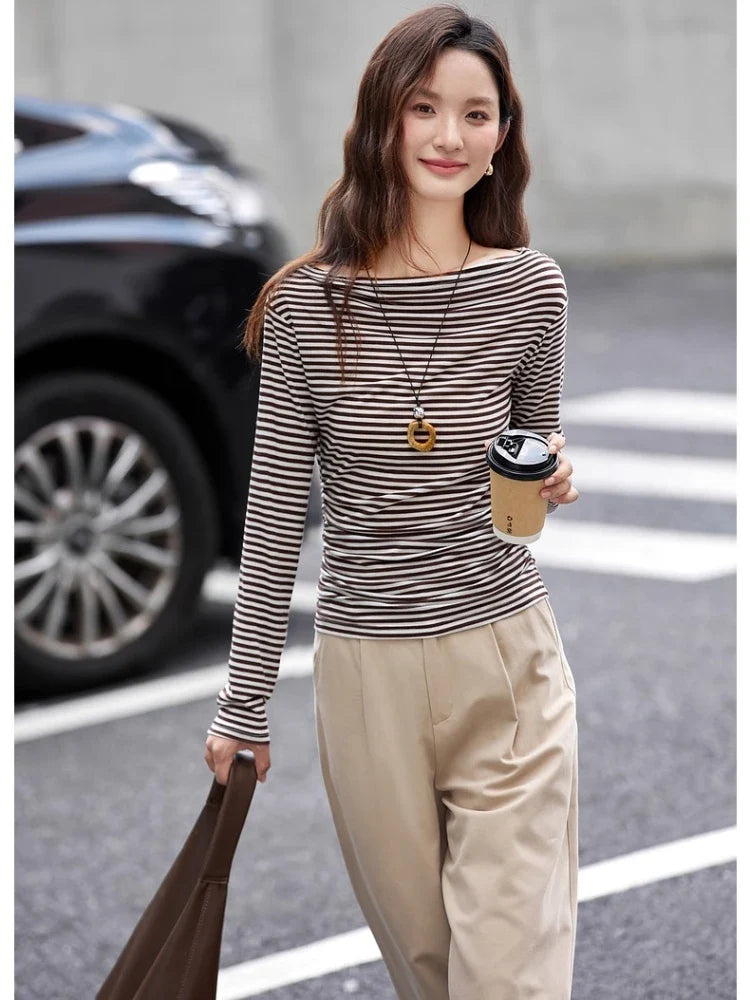 Striped Ruched-Waist Long-Sleeve Top