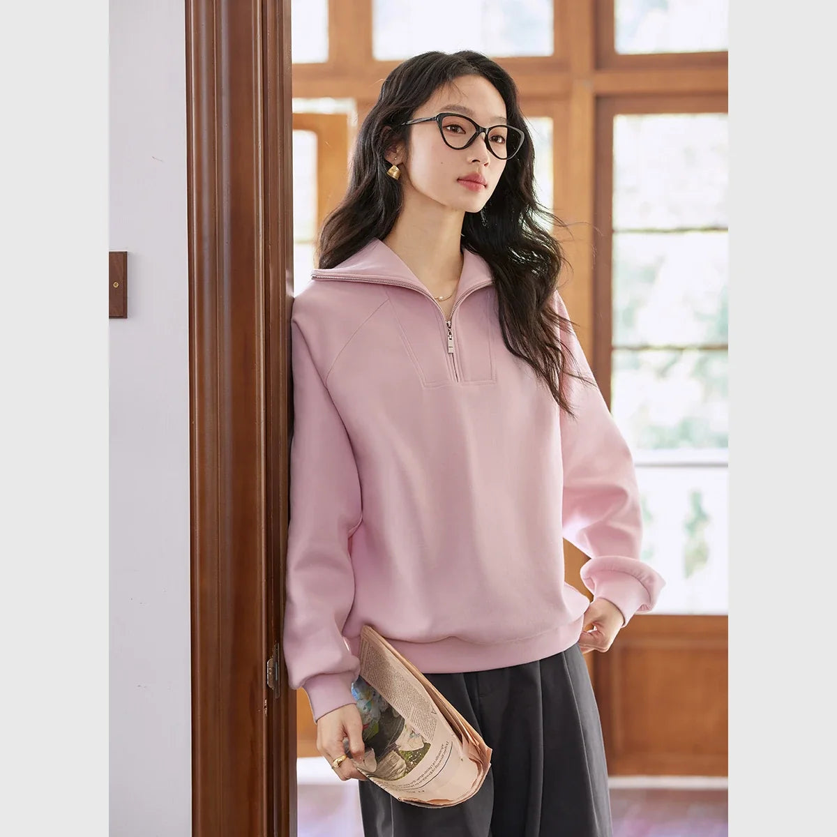 Sailor-Collar Half-Zip Sweatshirt