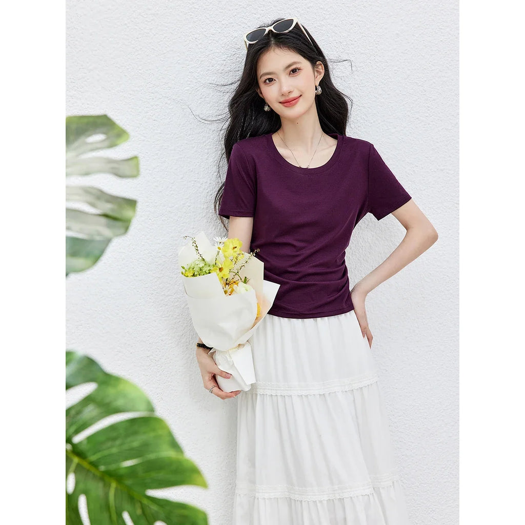 Ruched-Waist Crew-Neck Tee