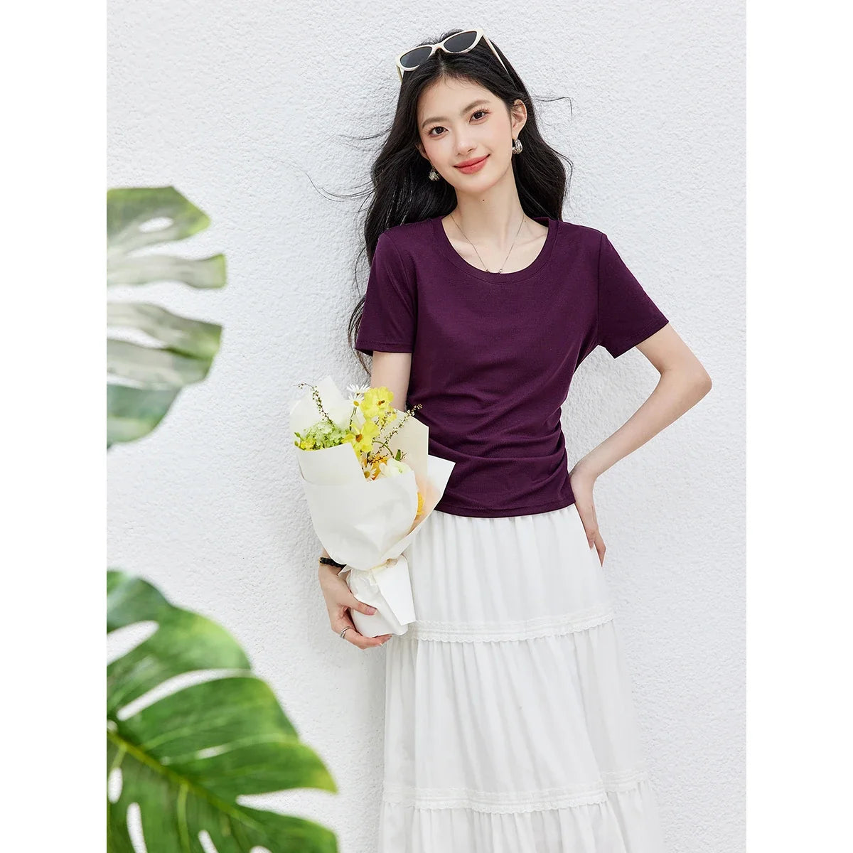Ruched-Waist Crew-Neck Tee