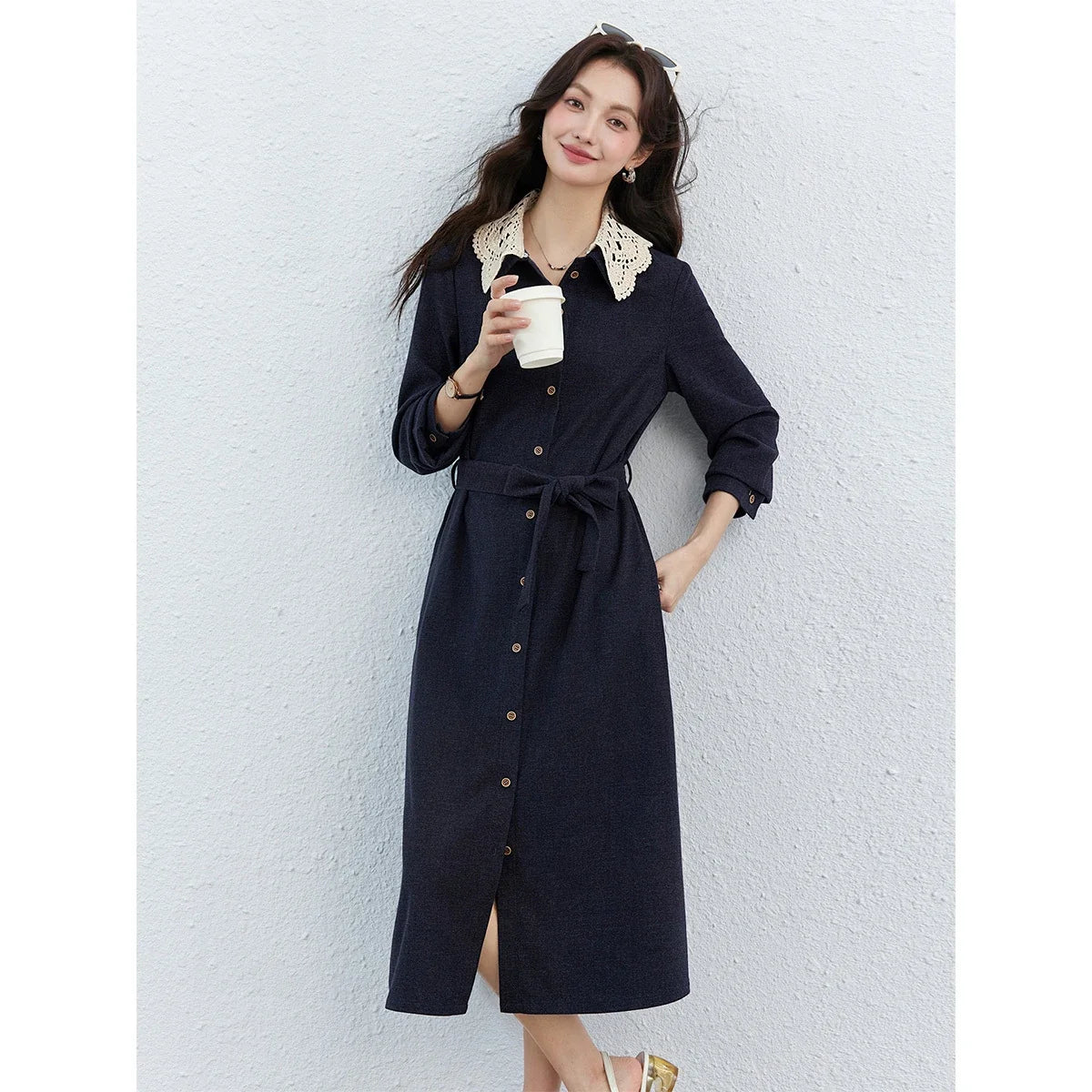 Lace-Collar Belted Midi Dress