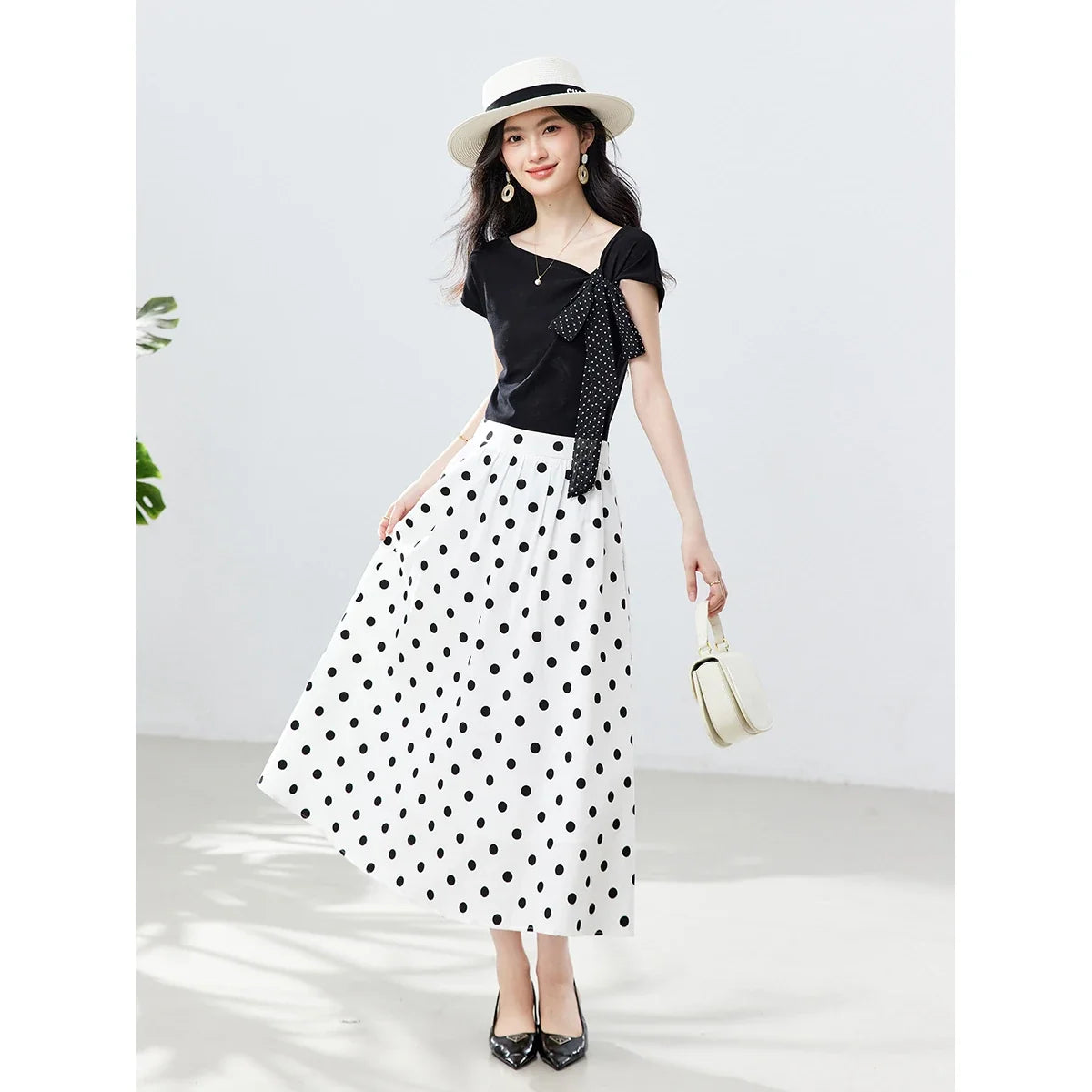 Polka-Dot Button-Front Midi Skirt