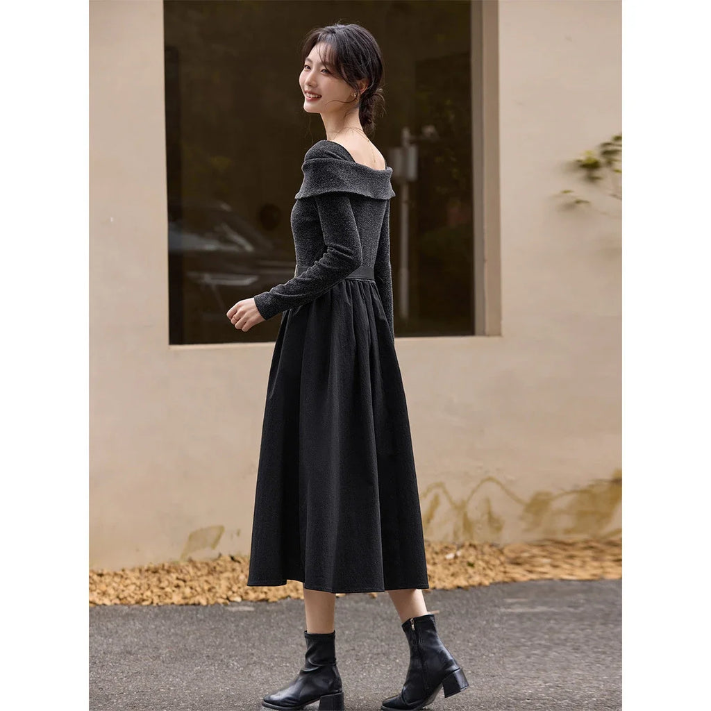 Bow-Collar Belted Midi Dress