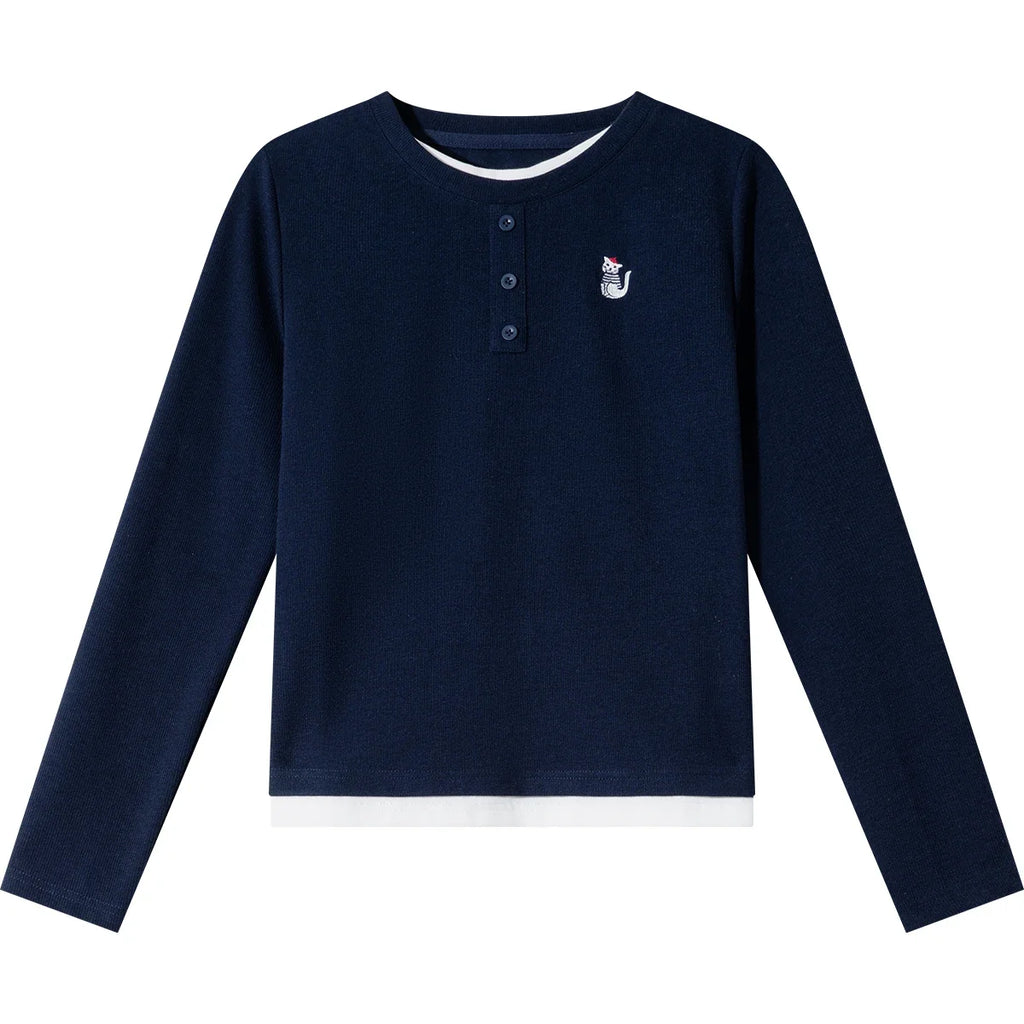 Embroidered Henley Long-Sleeve Top