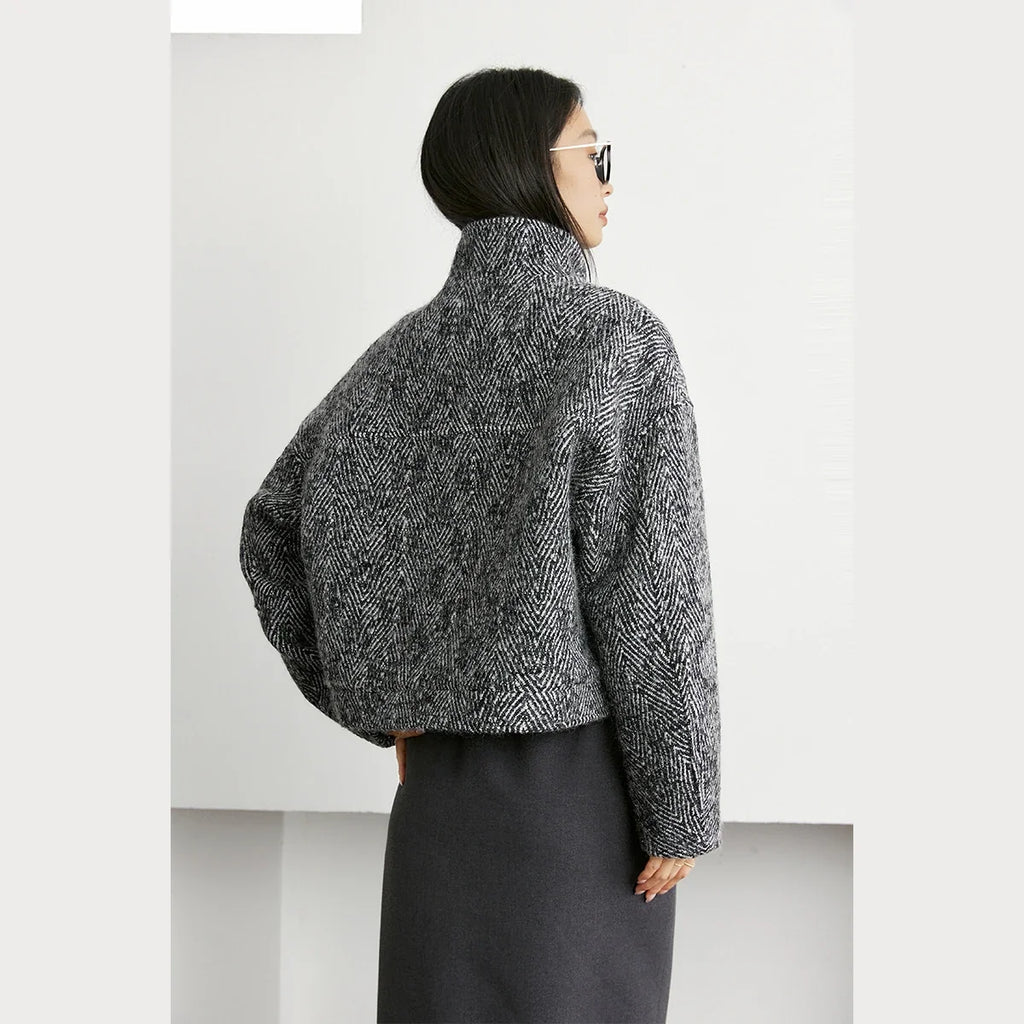 Herringbone Stand-Collar Cropped Jacket
