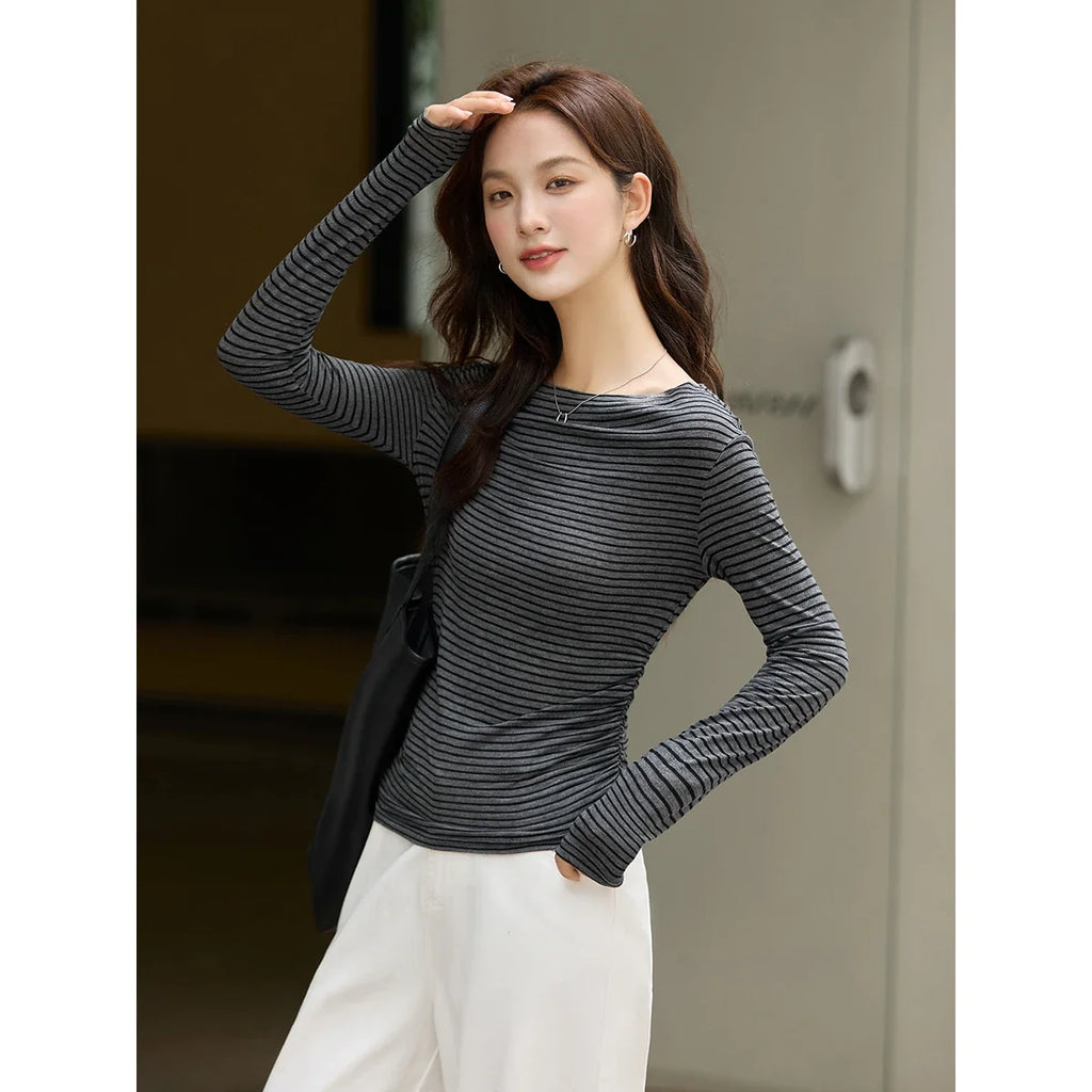 Ruched-Side Boat-Neck Long-Sleeve Top