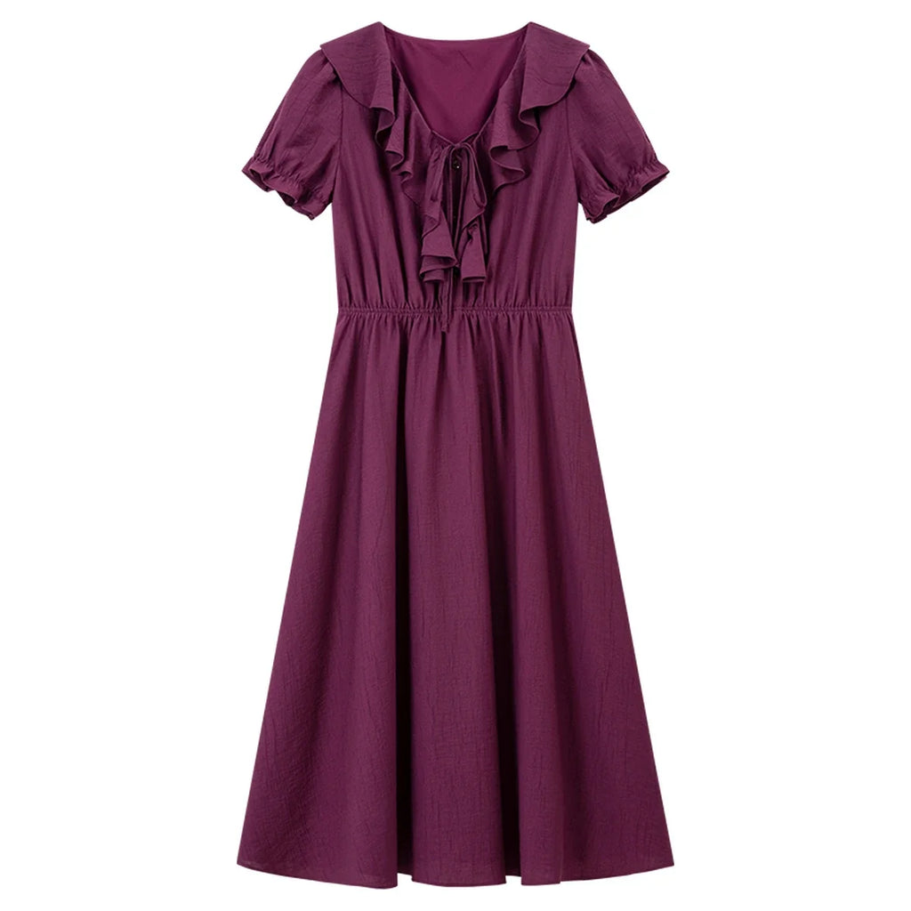 Ruffle-Front Puff-Sleeve Midi Dress