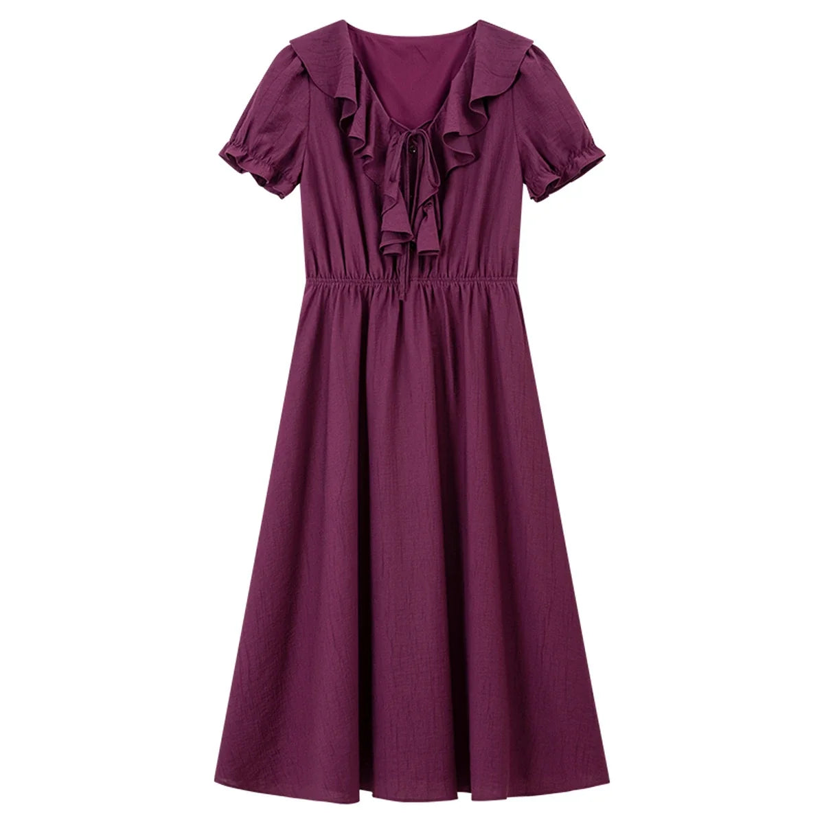 Ruffle-Front Puff-Sleeve Midi Dress