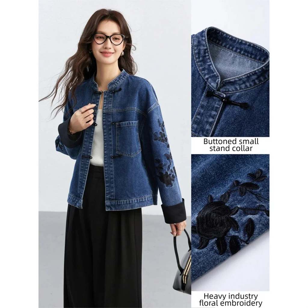Embroidered-Sleeve Denim Jacket