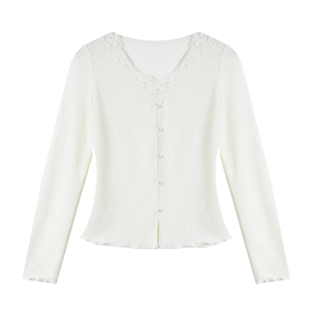 Lace-Trim Button-Front Knit Top