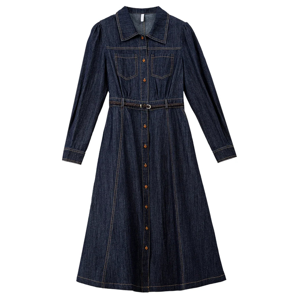 Belted Button-Front Denim Midi Dress
