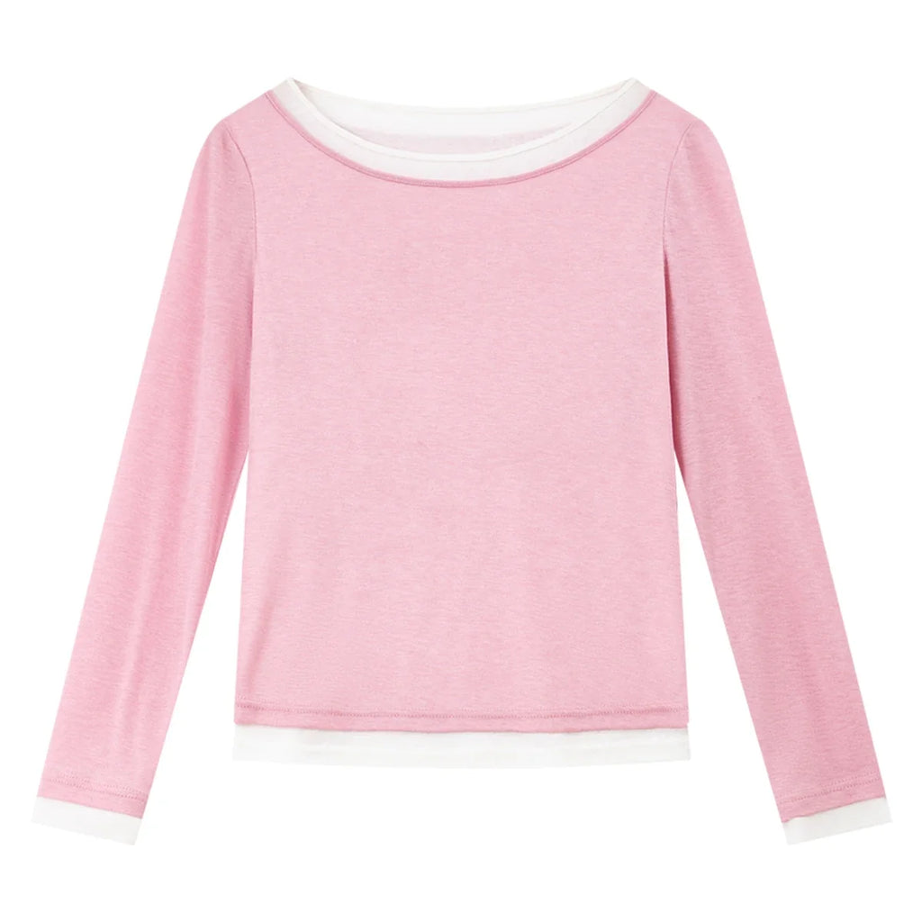 Layered Contrast-Neck Long-Sleeve Tee
